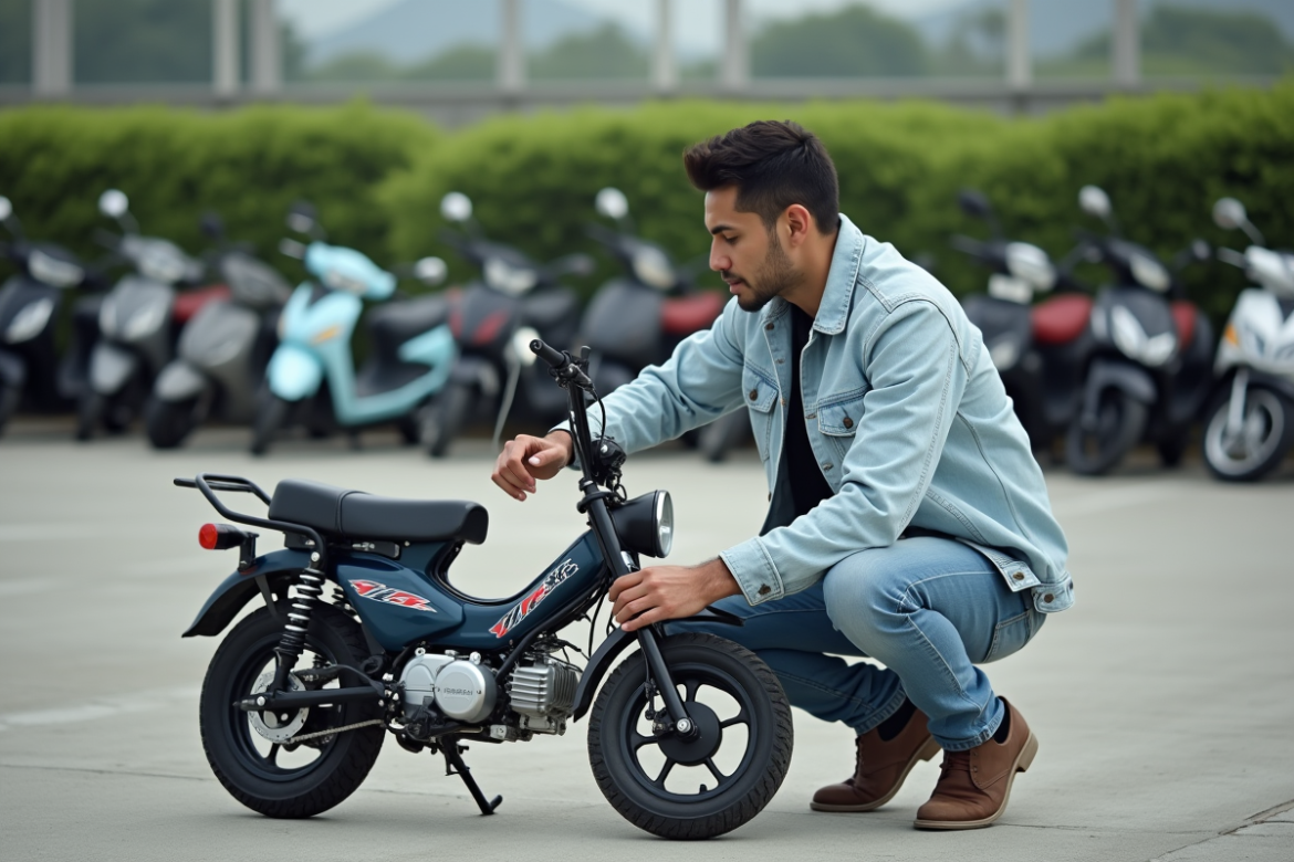 Homme examine une moto Yamaha PW50 d'occasion en extérieur