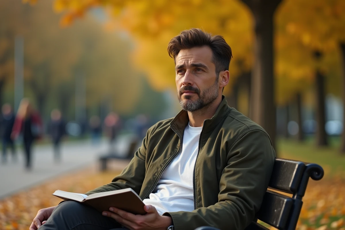 Homme introverti assis sur un banc de parc en automne regardant discrètement au loin avec une expression rêveuse et timide