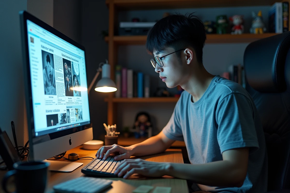 Jeune homme parcourant une plateforme de lecture manhwa en VF sur ordinateur de bureau dans un bureau à domicile