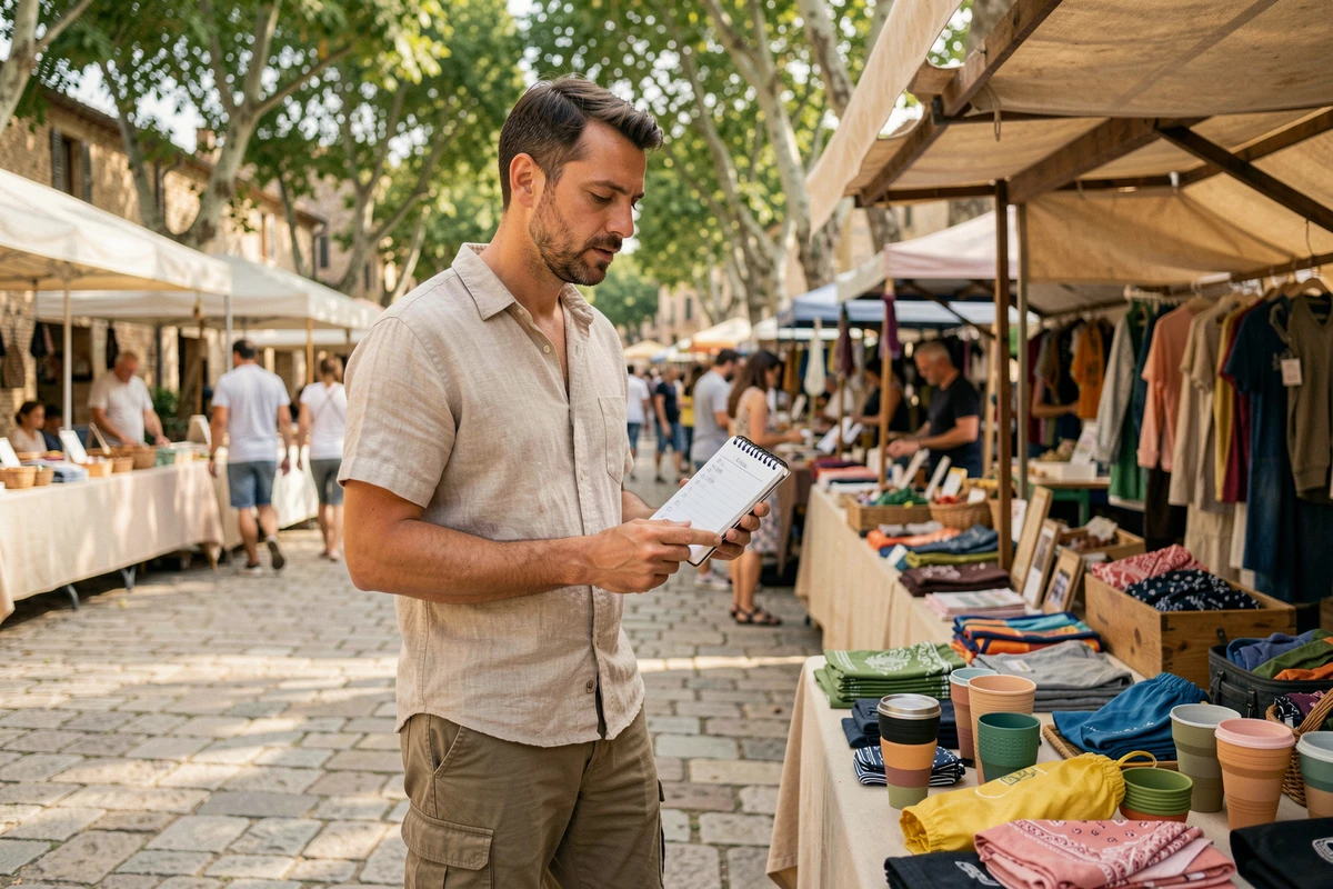 Homme consultant une liste de courses au marché pour préparer ses accessoires de festival en plein air