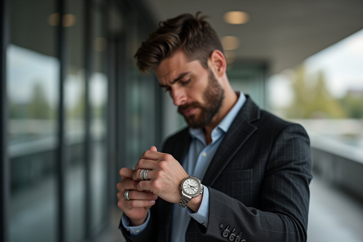 Homme élégant ajustant un bracelet en ville avec des bagues