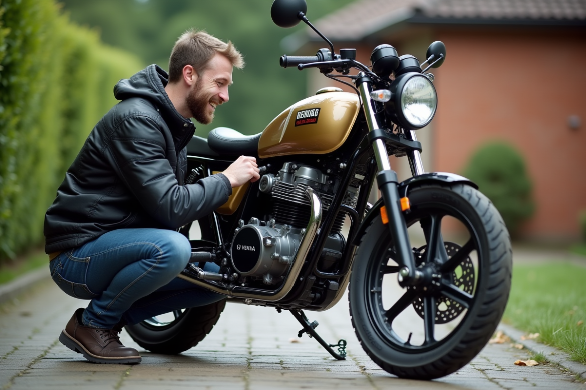 Homme en blouson moto ajustant sa Honda Dax en extérieur