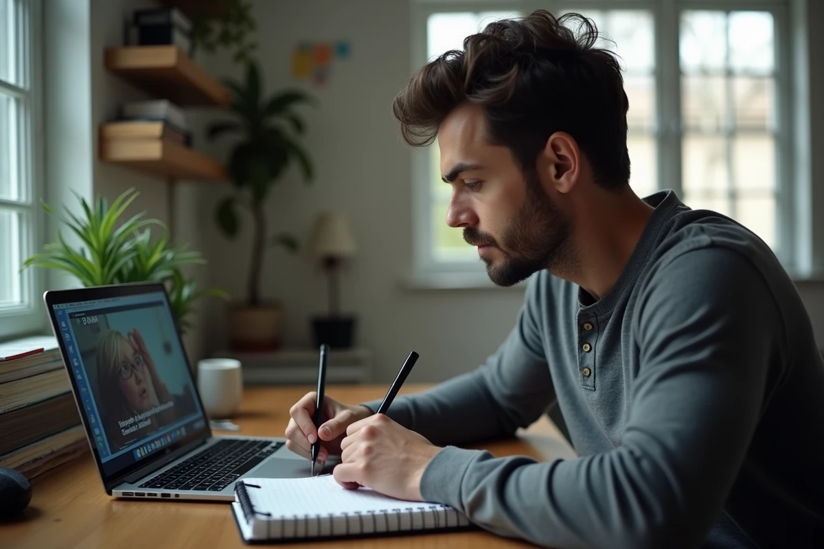Homme prenant des notes sur les dialogues en anglais avec des horaires AM PM lors du visionnage d'une série en VO