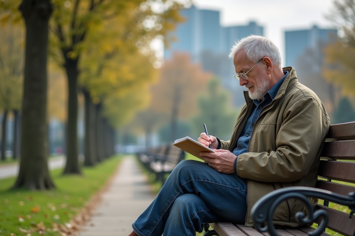 Homme dessinant sur un banc dans un parc urbain