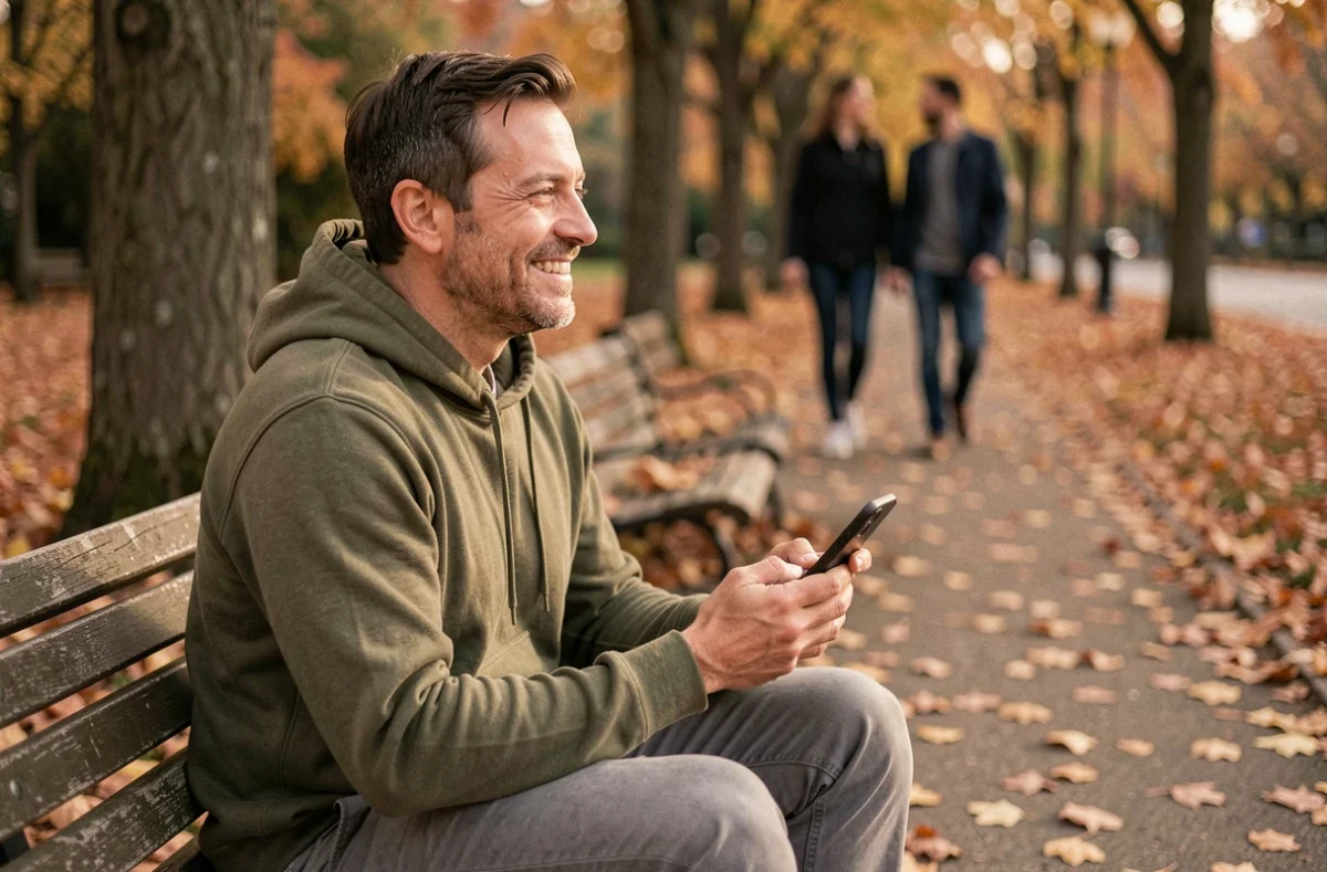 Homme d'une quarantaine d'années souriant sur un banc de parc après avoir trouvé des amis via une application mobile