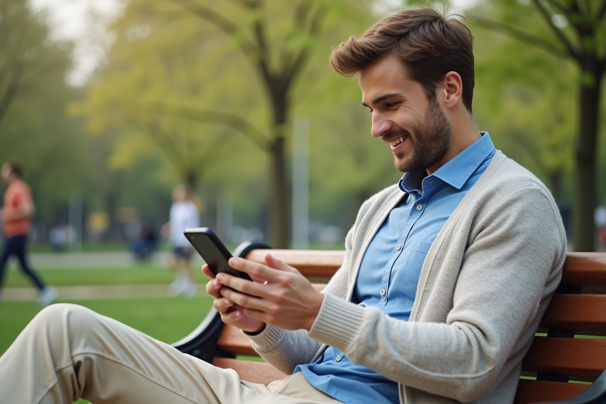 Jeune homme en chinos et cardigan assis sur un banc dans un parc urbain