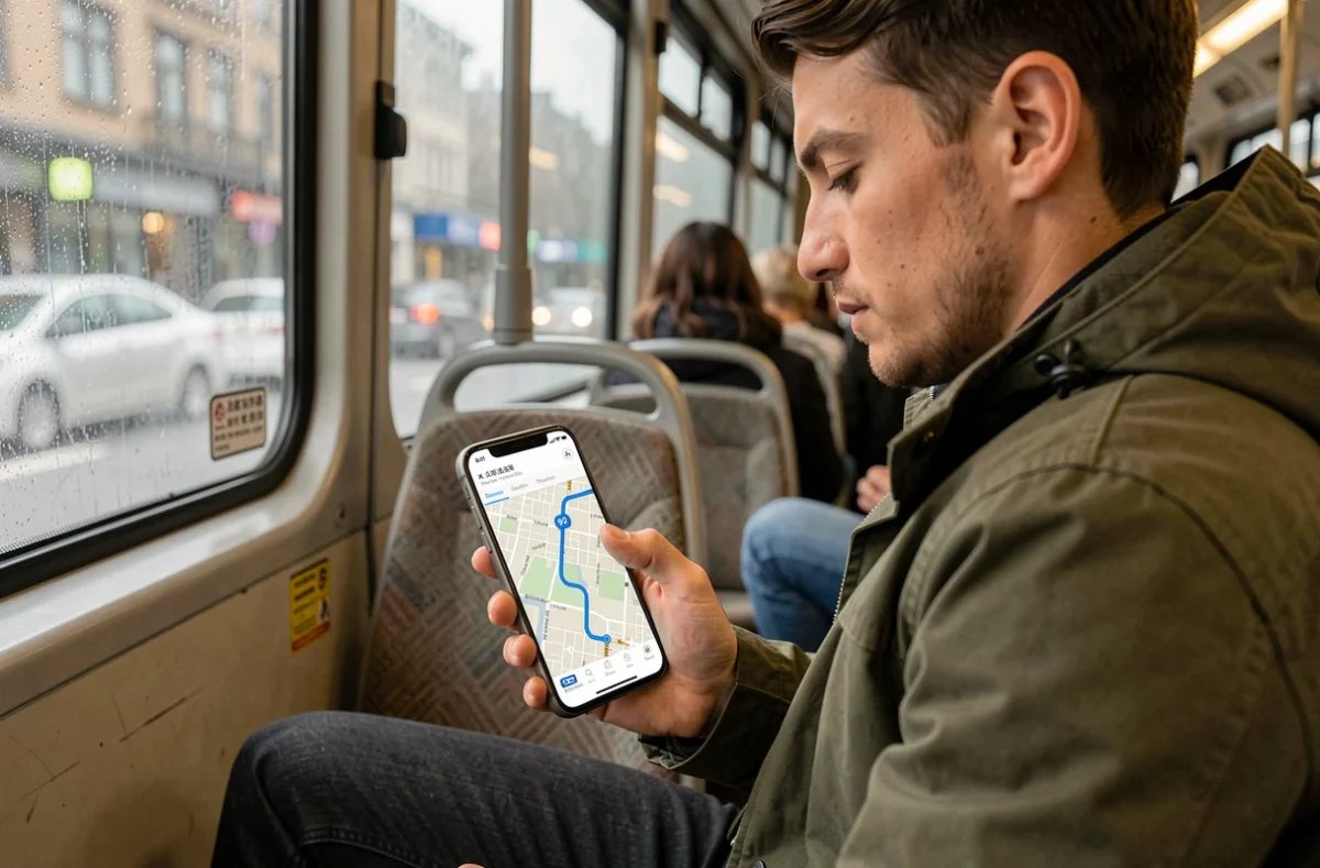 Jeune homme consultant le plan numérique de la ligne de bus 92 sur son smartphone à l'intérieur du bus