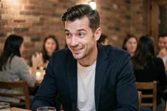 Homme confiant racontant une blague noire lors d'un dîner entre amis avec une expression malicieuse maîtrisée