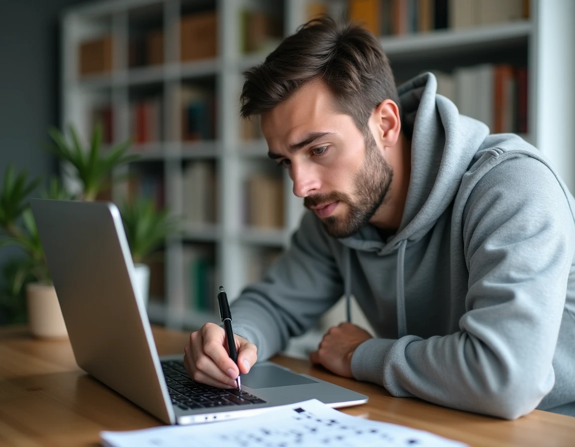Homme cherchant une solution de mots fléchés introuvable sur un ordinateur portable au bureau