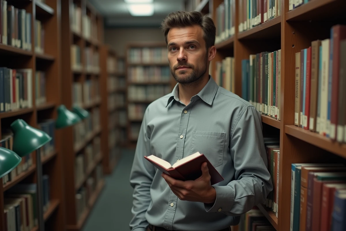 Homme réservé dans une bibliothèque tenant un livre et regardant furtivement de côté avec une expression timide et curieuse