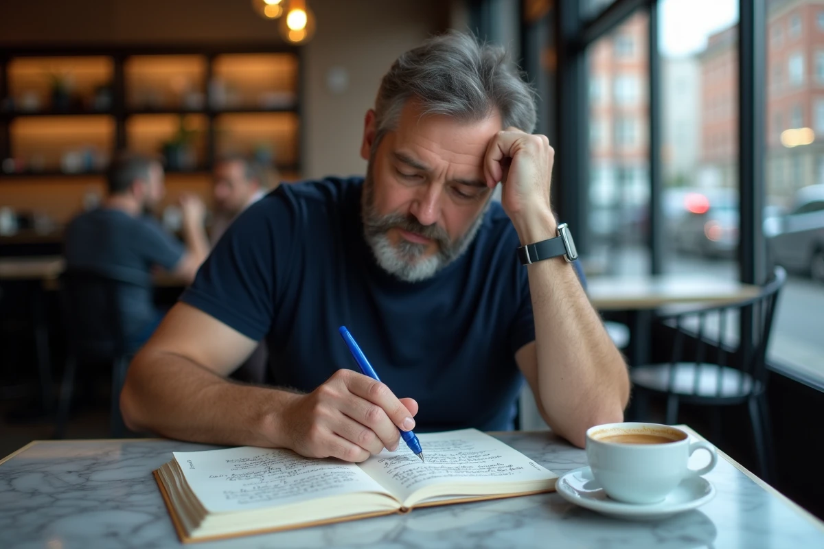 Homme révisant des exercices de grammaire française dans un café avec un cahier manuscrit