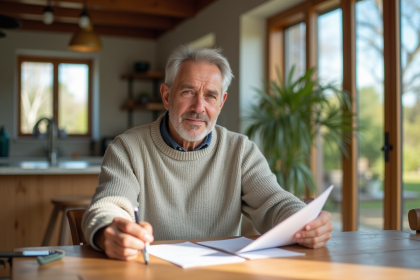 Homme d'âge moyen relisant des papiers dans une maison lumineuse