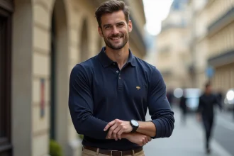 Homme élégant portant polo bleu foncé dans une rue parisienne