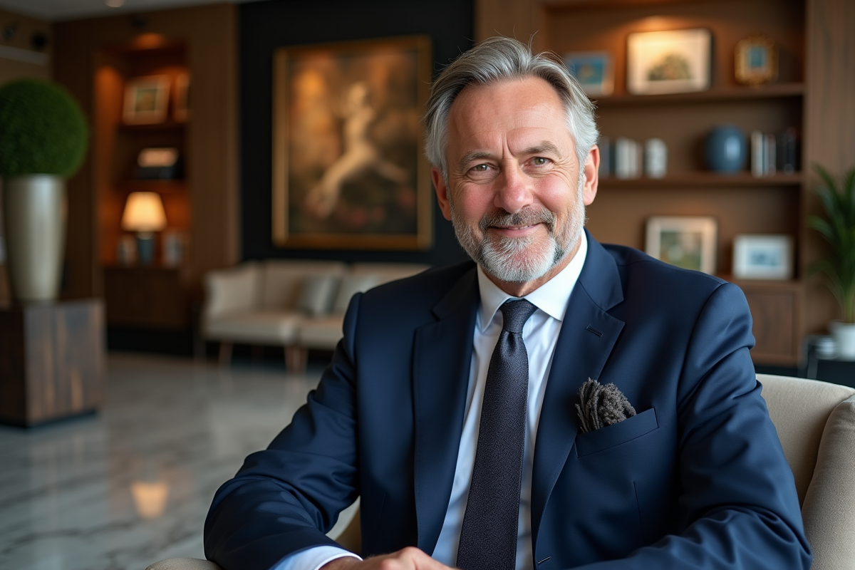 Homme en costume dans un lounge moderne avec art