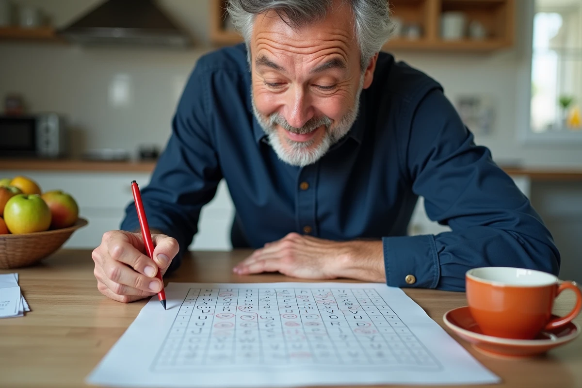 Homme consultant un tableau récapitulatif de solutions de mots en 5 lettres posé sur une table de cuisine