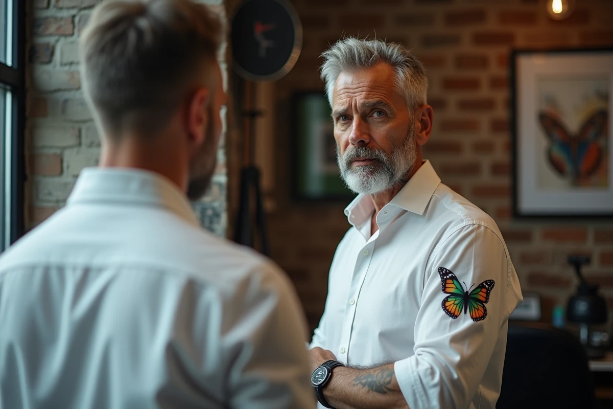 Homme regardant son tatouage dans un studio moderne