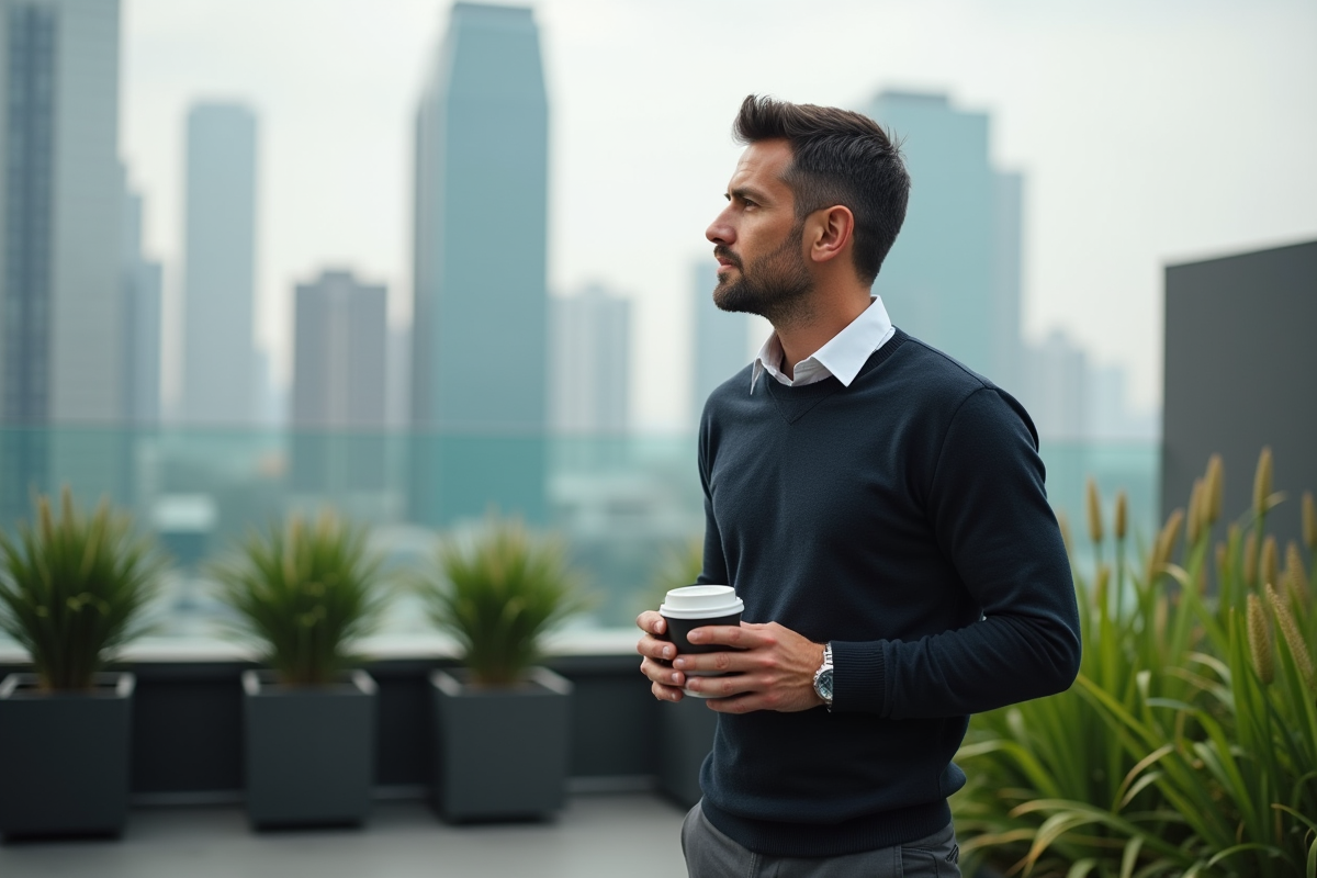 Homme regardant la ville depuis une terrasse urbaine
