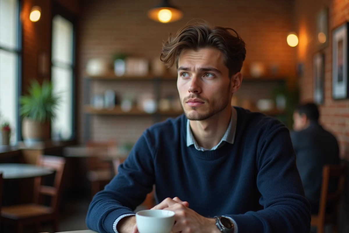 Jeune homme timide dans un café regardant discrètement une femme avec une expression pensive et légèrement rougissante
