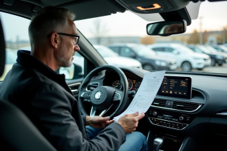 Homme examine le tableau de bord d'une voiture diesel d'occasion