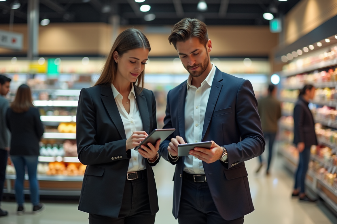 Homme et femme d'affaires examinant des graphiques de ventes dans un supermarché