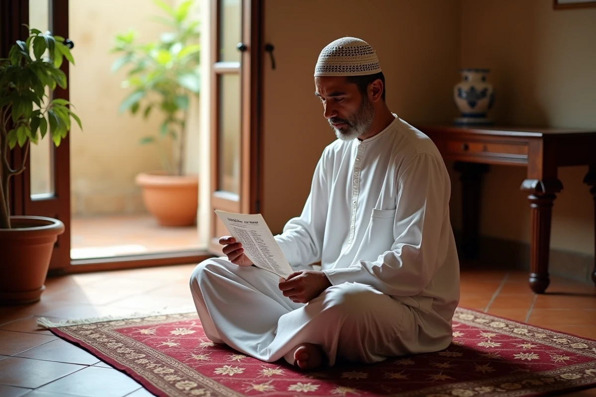 Homme en djellaba blanche consultant les horaires de prière à Nîmes sur un tapis de prière traditionnel