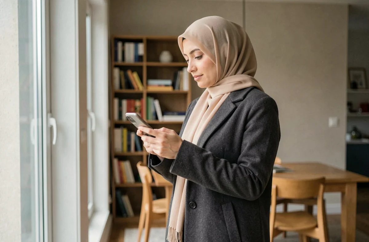 Femme en hijab consultant une application de prières sur mobile depuis son appartement à Meaux