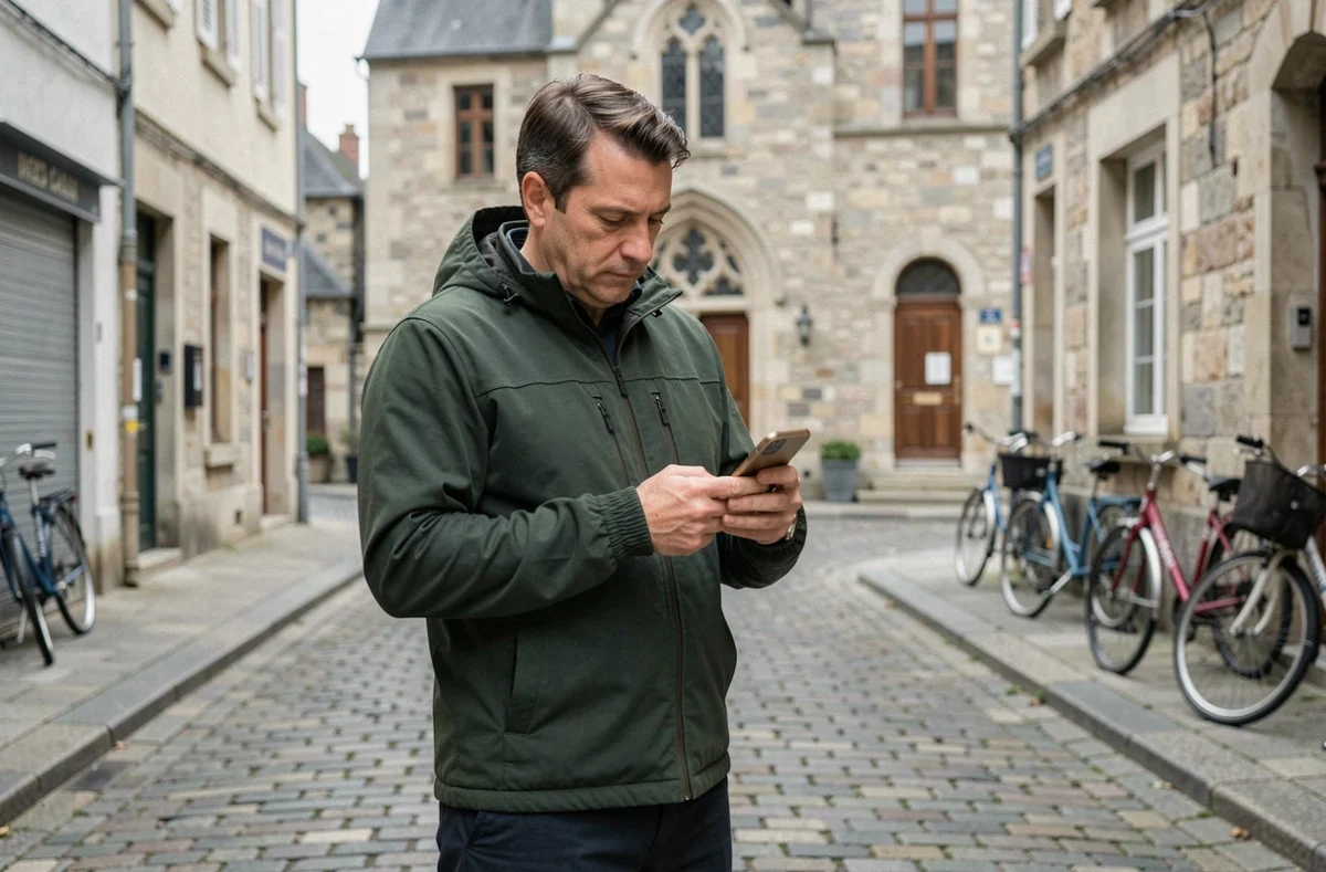 Homme utilisant son téléphone pour vérifier les horaires de prières dans une rue de Meaux