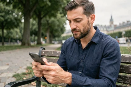 Homme consultant les horaires de prières sur son smartphone dans un parc urbain à Meaux