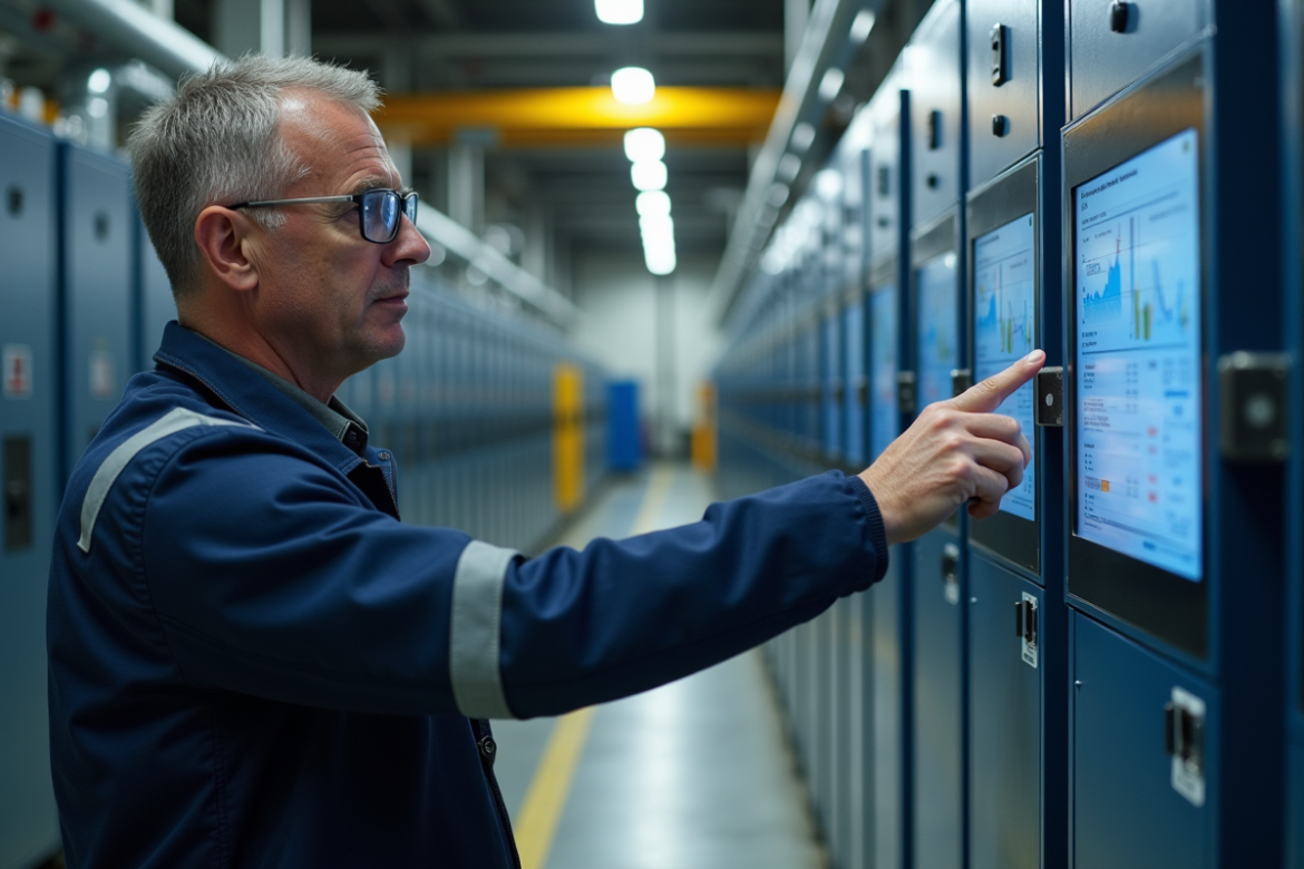 Ingénieur homme en veste de travail examine une batterie industrielle