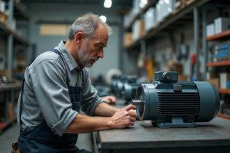 Ingénieur homme examinant un moteur électrique industriel