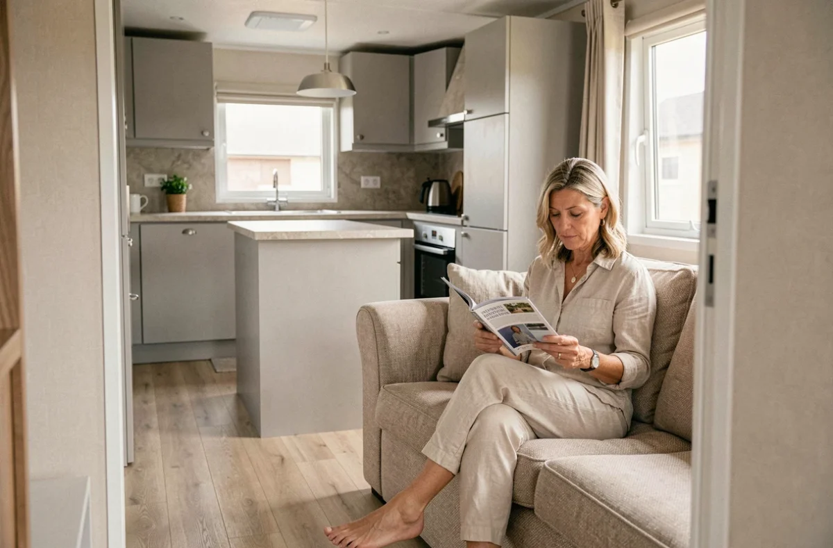 Intérieur moderne d'un mobil-home français avec salon et cuisine ouverts en teintes naturelles