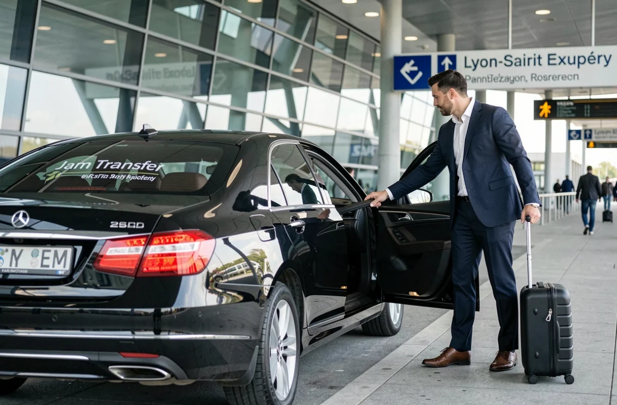 Chauffeur Jam Transfer en costume ouvrant la portière d'une berline noire à l'aéroport de Lyon-Saint Exupéry