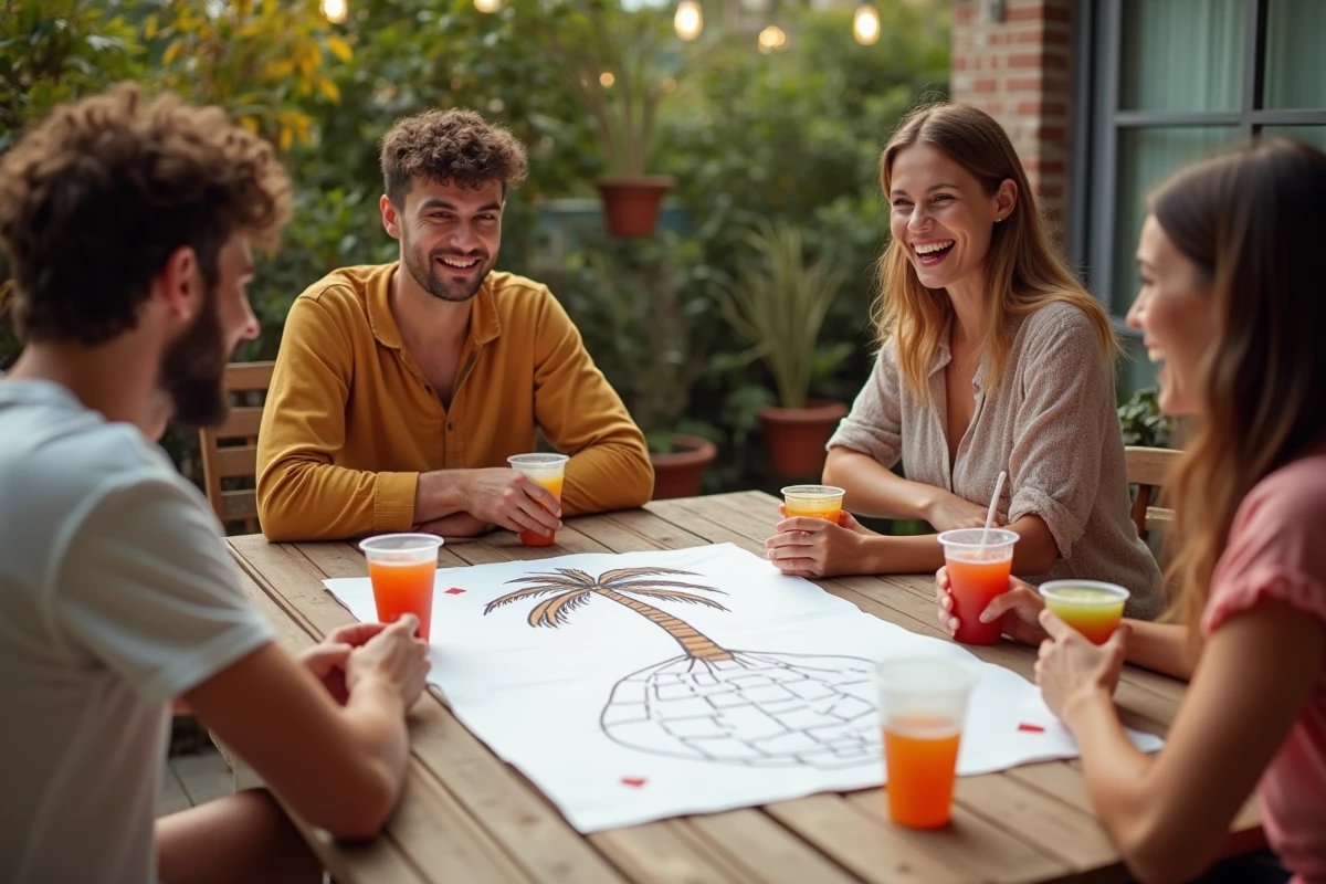 Groupe de jeunes adultes jouant au jeu du palmier alcool autour d'une table en bois avec des verres colorés en plein air