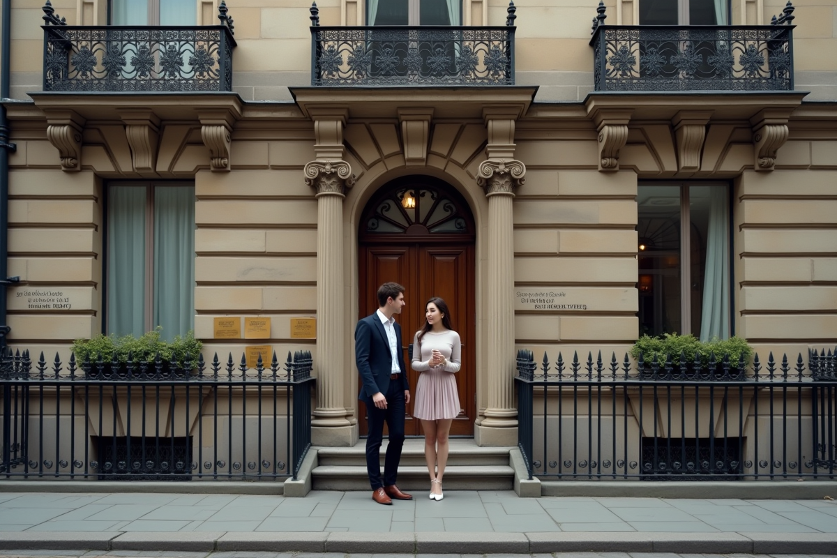 Jeune couple regardant une affiche devant un bâtiment ancien