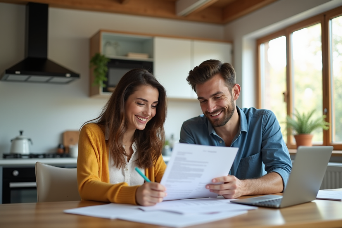 Jeune couple souriant signant un contrat de location dans une cuisine lumineuse