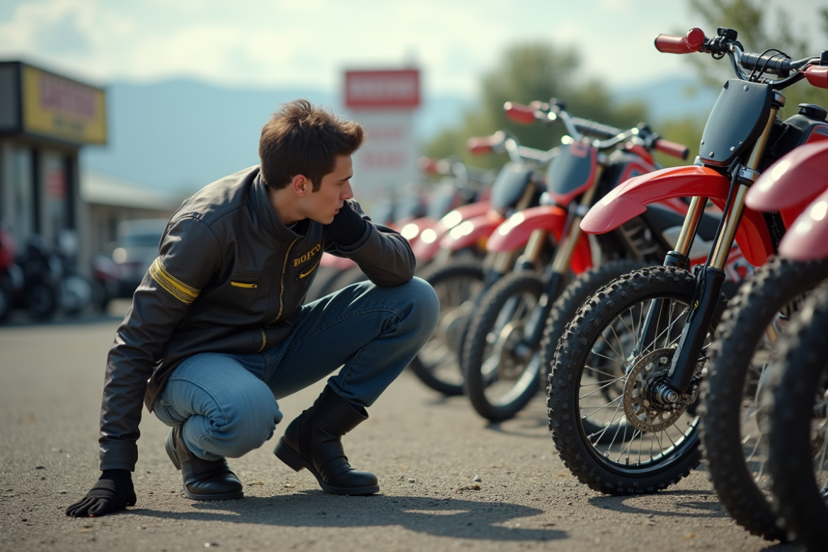 Jeune homme examinant une dirt bike en concession