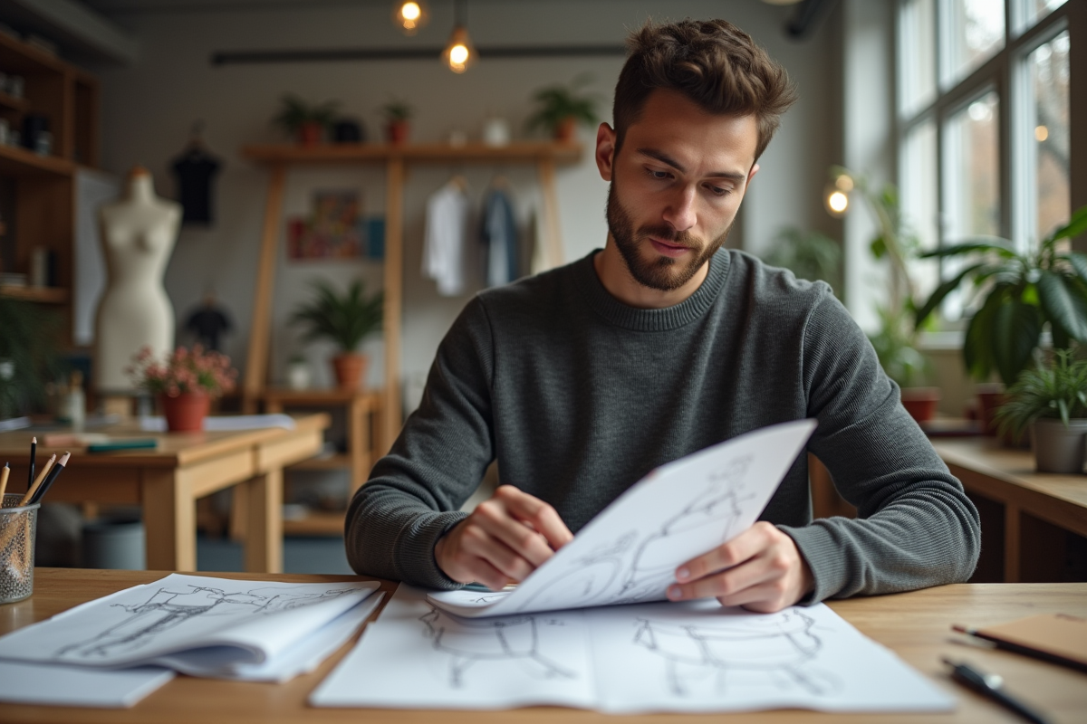Jeune designer en studio créatif avec croquis et tissus