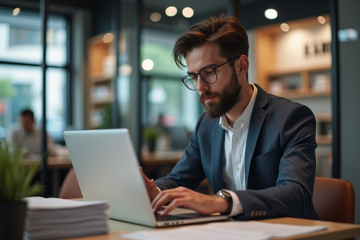 Jeune entrepreneur analysant des rapports dans un bureau de retail