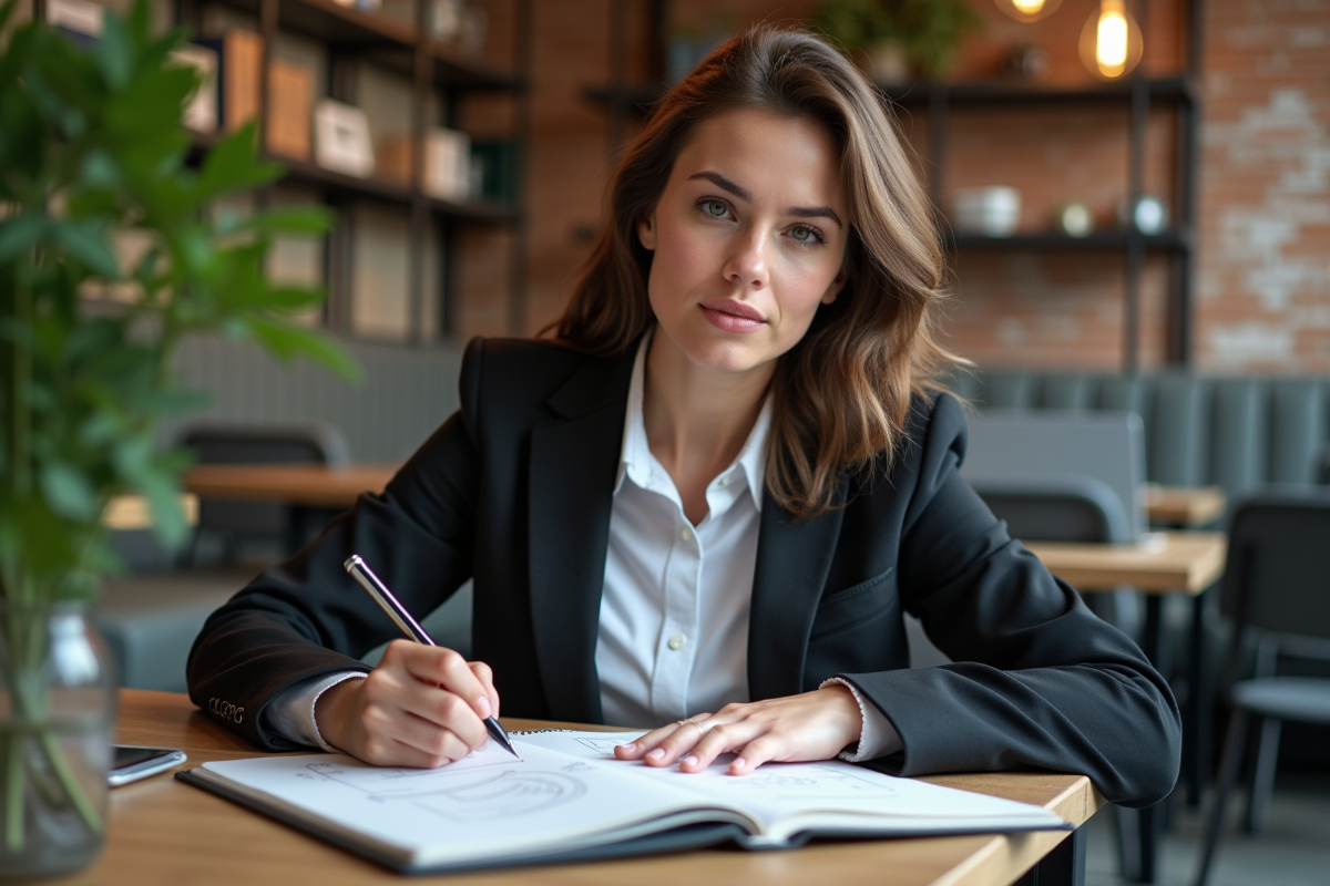 Jeune femme esquissant un business model dans un café