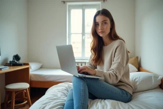 Jeune femme assise sur un lit dans un appartement partagé