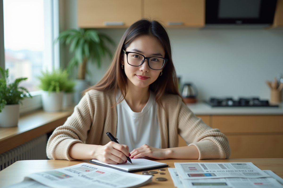 Jeune femme calculant avec un stylo dans une cuisine moderne