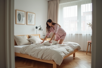 Jeune femme arrangeant des coussins sur un lit dans une chambre cosy