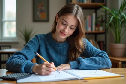 Jeune femme dessinant un cercle dans une salle d'étude lumineuse