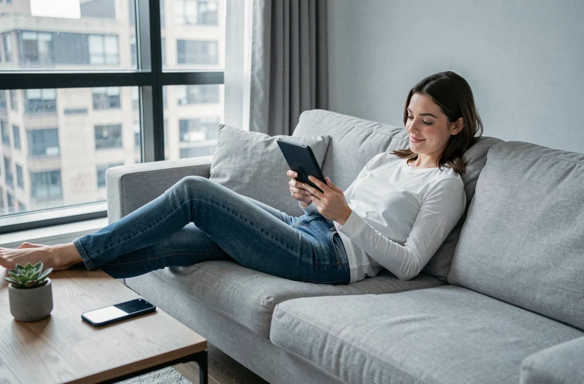 Jeune femme lisant sur une liseuse électronique légale confortablement installée dans son salon moderne