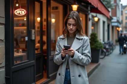 Jeune femme regardant son smartphone devant un restaurant ouvert