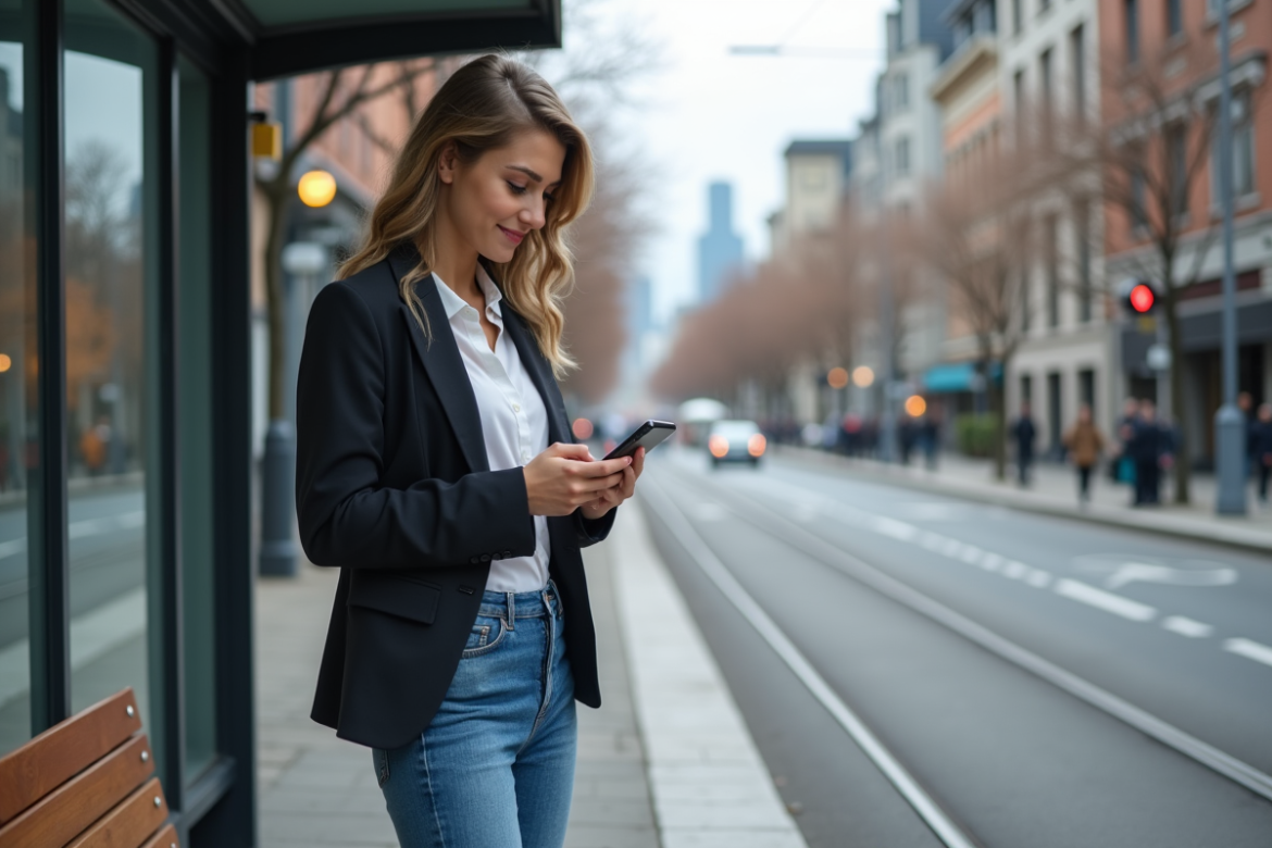 Jeune femme en blazer et jeans au tram stop dans la ville