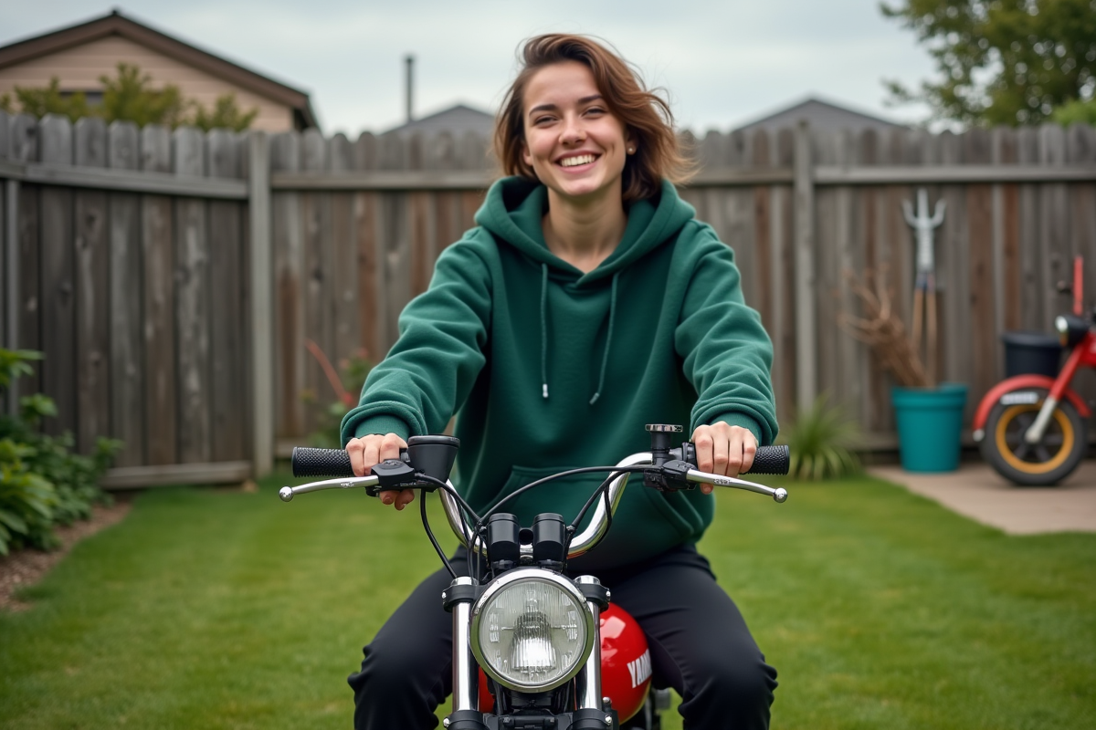Jeune femme souriante sur une Yamaha PW50 dans un jardin