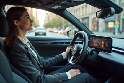 Jeune femme souriante dans une voiture moderne en ville