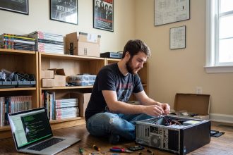 Jeune homme en casual assemble un PC dans sa chambre
