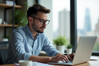 Jeune homme au bureau avec ordinateur portable et décoration moderne